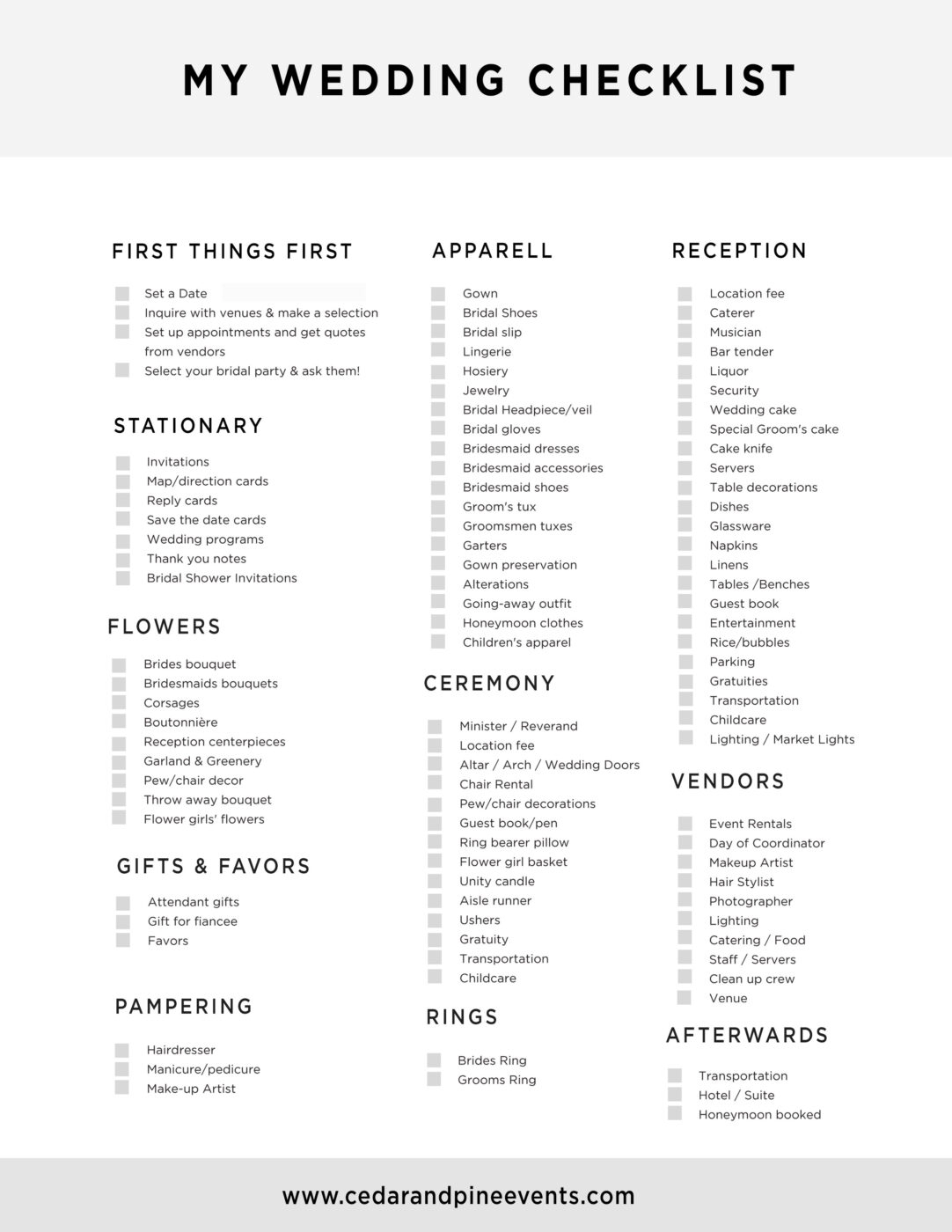 Free Printable Wedding Planning Check List Cedar And Pine Events Worksheets Library