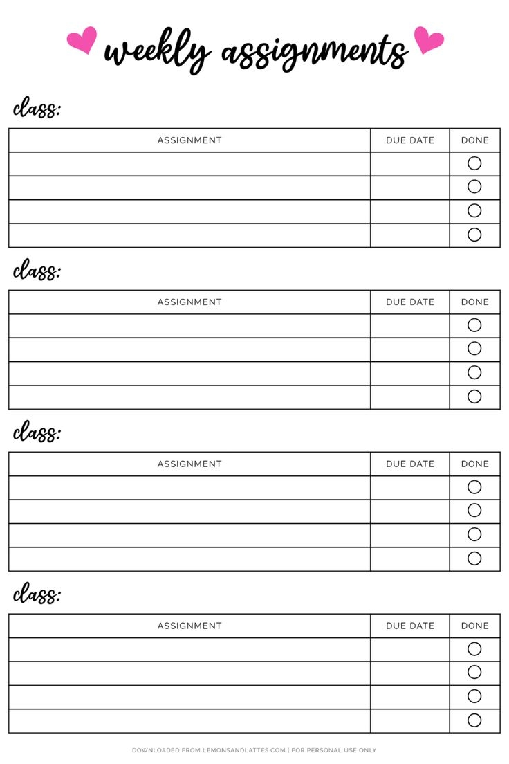 homework planner printable free