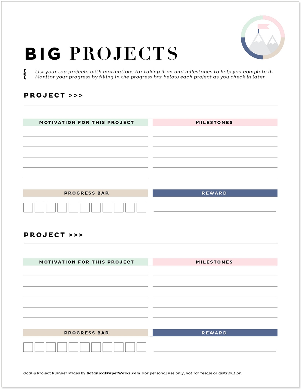 Free Printables Goal Project Planner Pages Botanical PaperWorks