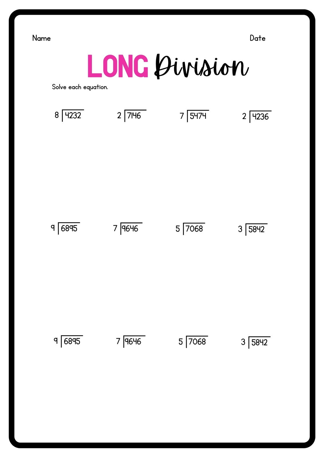 long division activity sheets