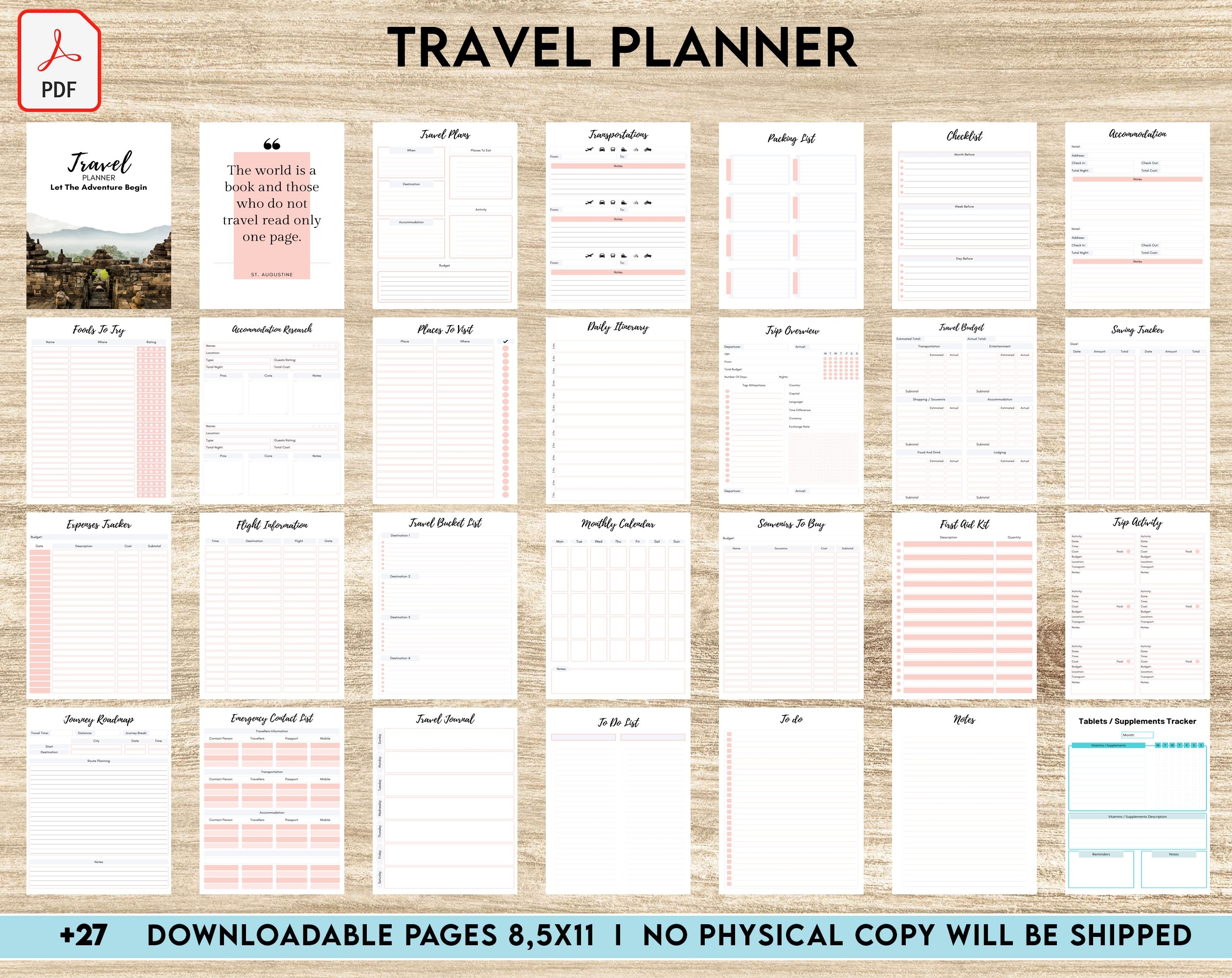 Free Travel Planner PDF Printable 8 5x11 Inch A4 Size For Journal Notebook Binder Planners Weekly