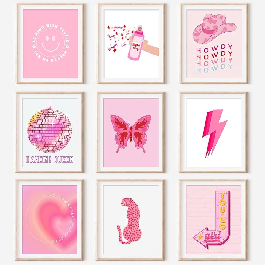 GENSTEUO Pack Of 9 Pink Preppy Room Decoration Aesthetic Hot Pink Wall Art Preppy Poster Paintings College Home Decoration 20 3 X 25 4 Cm Unframed Cute Preppy Amazon de