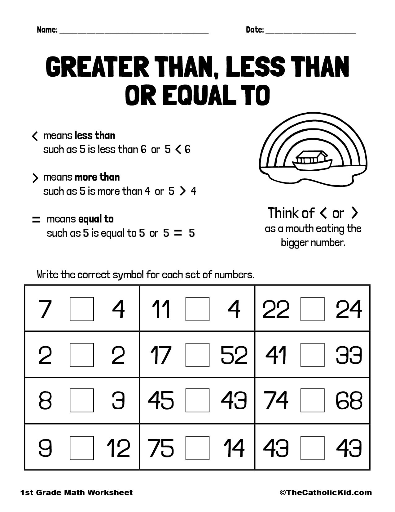 Greater Than Or Less Than 1st Grade Math Worksheet Catholic TheCatholicKid