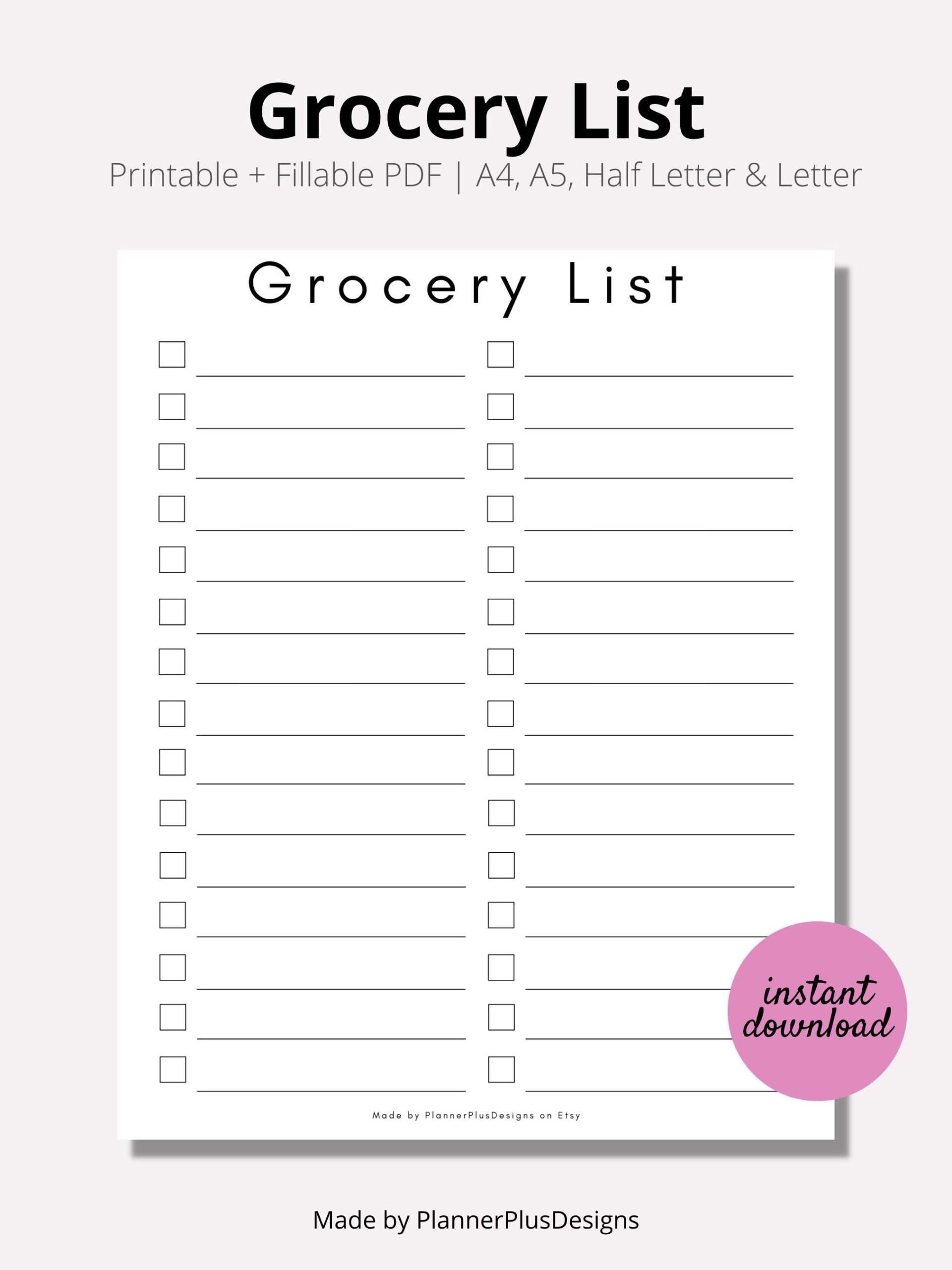 Grocery List Printable Grocery List Groceries To Buy Checklist Minimal Print List Instant Download PDF Items To Buy a4 a5 Half LETTER Etsy