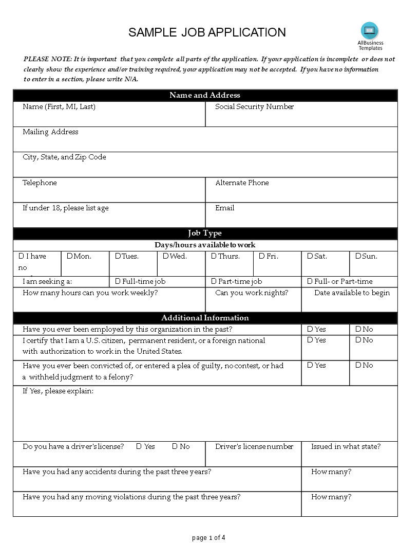 Kostenloses Sample Job Application Form