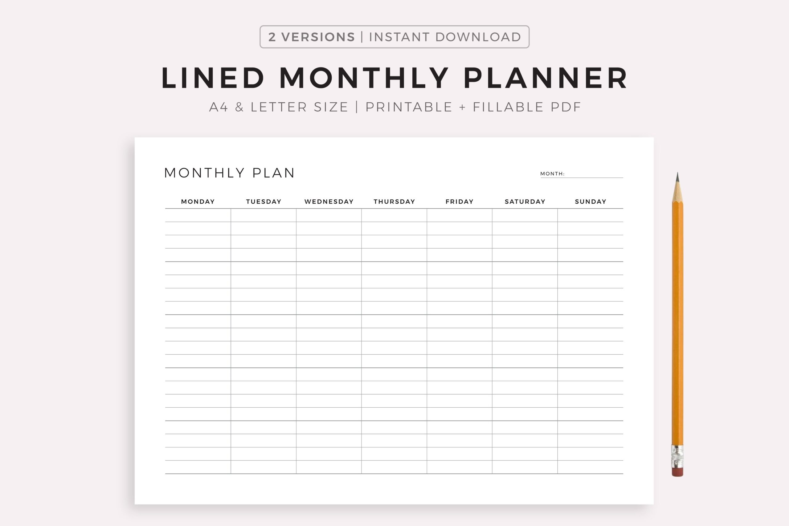 Lined Monthly Planner Printable Fillable PDF