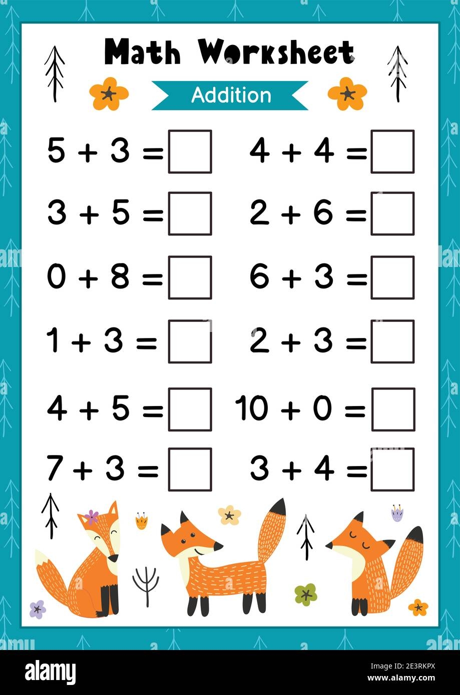 Math Worksheet For Kids Addition Mathematic Activity Page With Cute Foxes Stock Vector Image Art Alamy