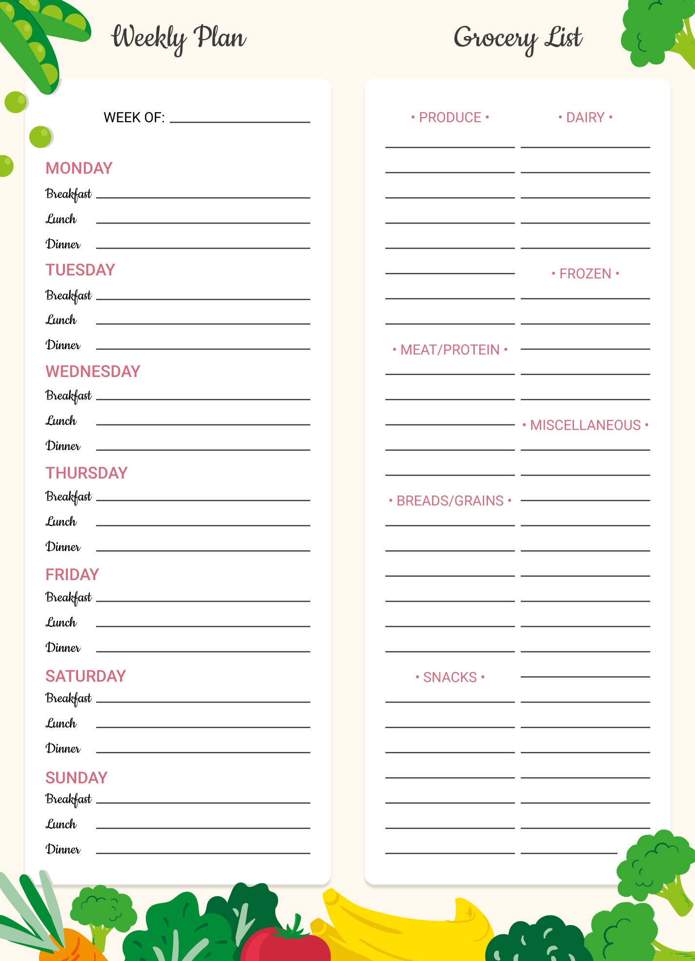 meal planner and grocery list printable
