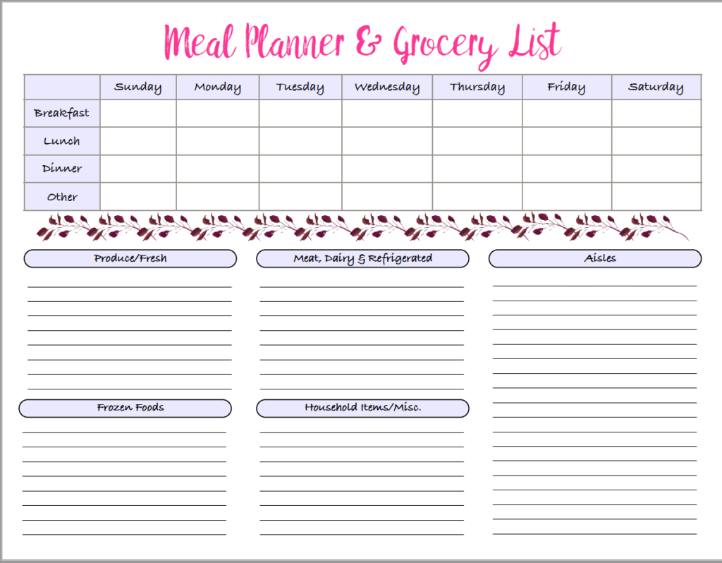 weekly menu planner printable free
