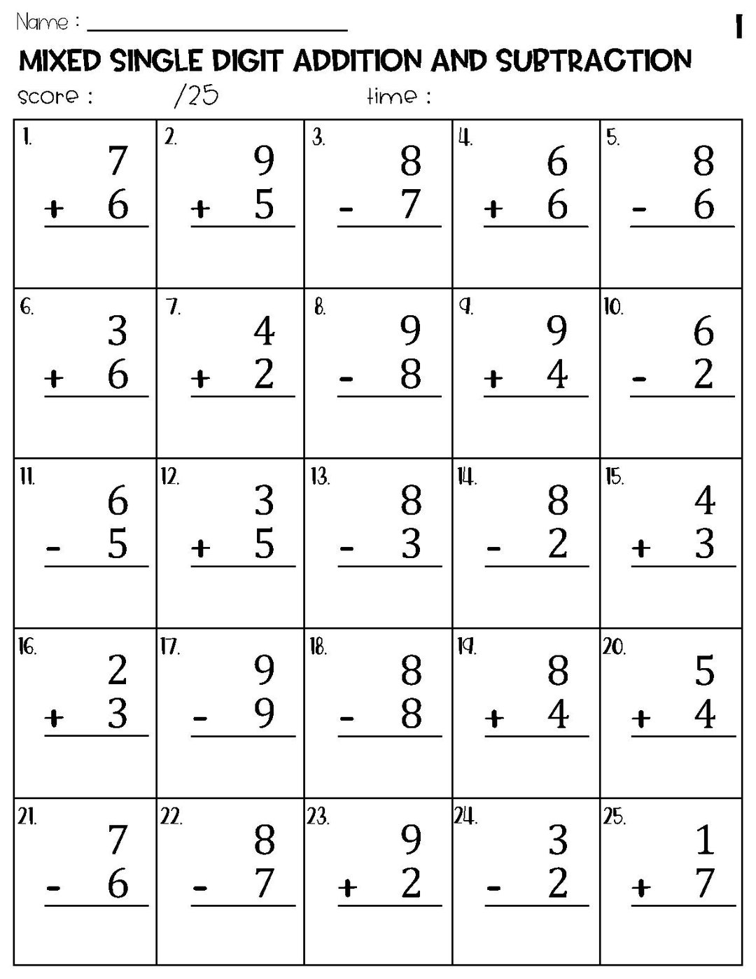 addition and subtraction worksheet