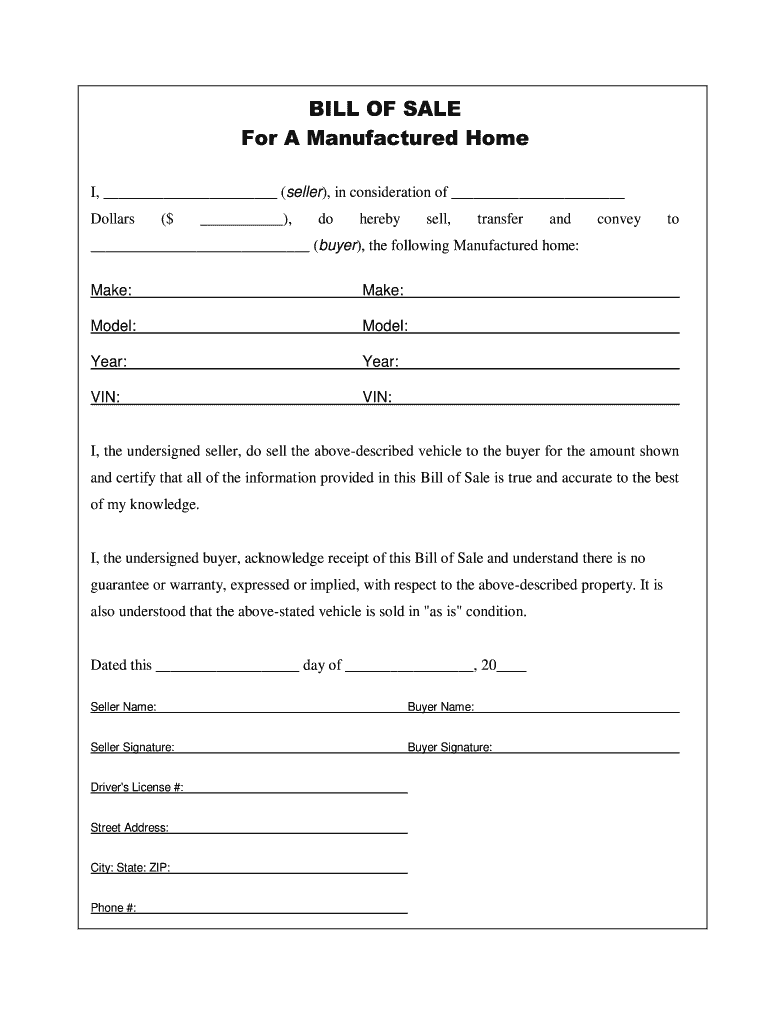 printable mobile home bill of sale template free download