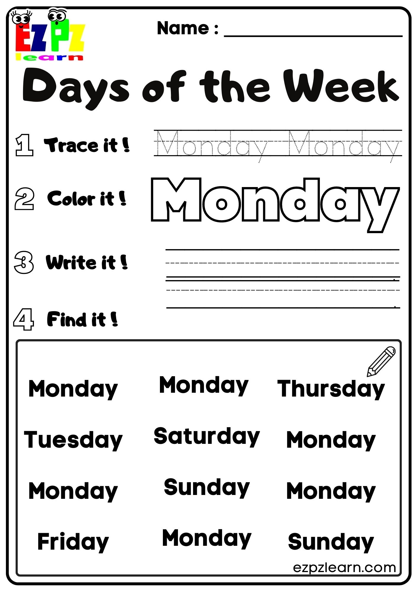 days of the week printables