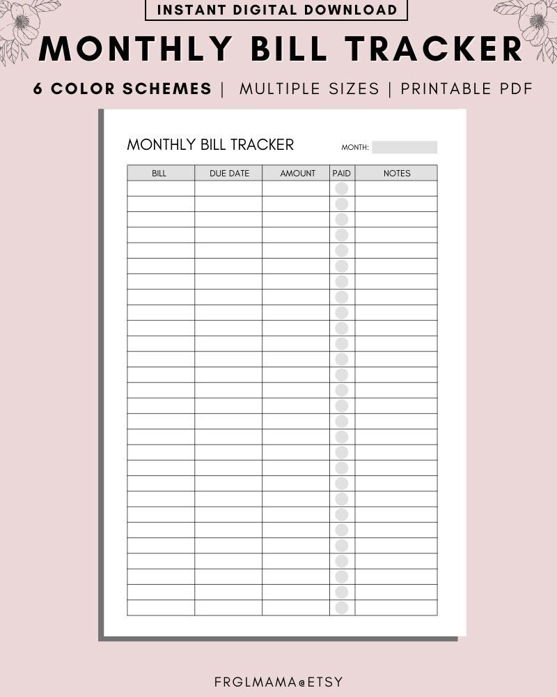 bill planner printable