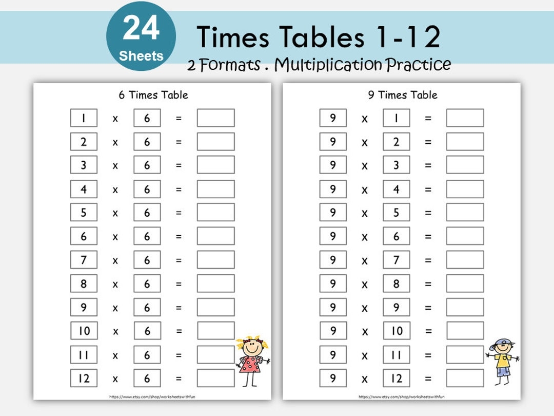 Multiplication Times Tables Practice Worksheets 1 12 Two Formats PDF Download Etsy