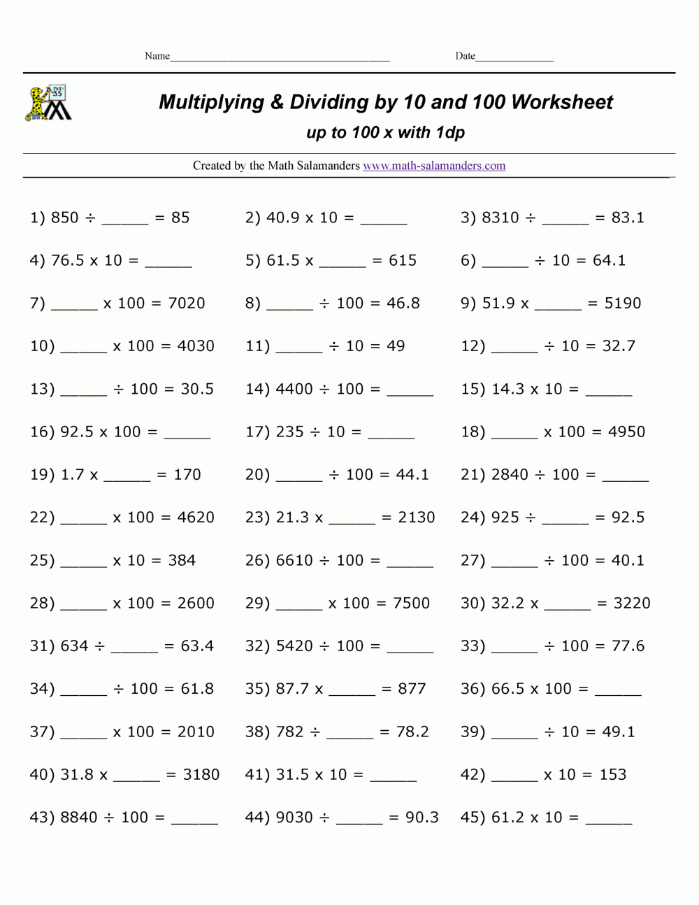Multiply And Divide By 10 100 Multiply And Divide By 10 100