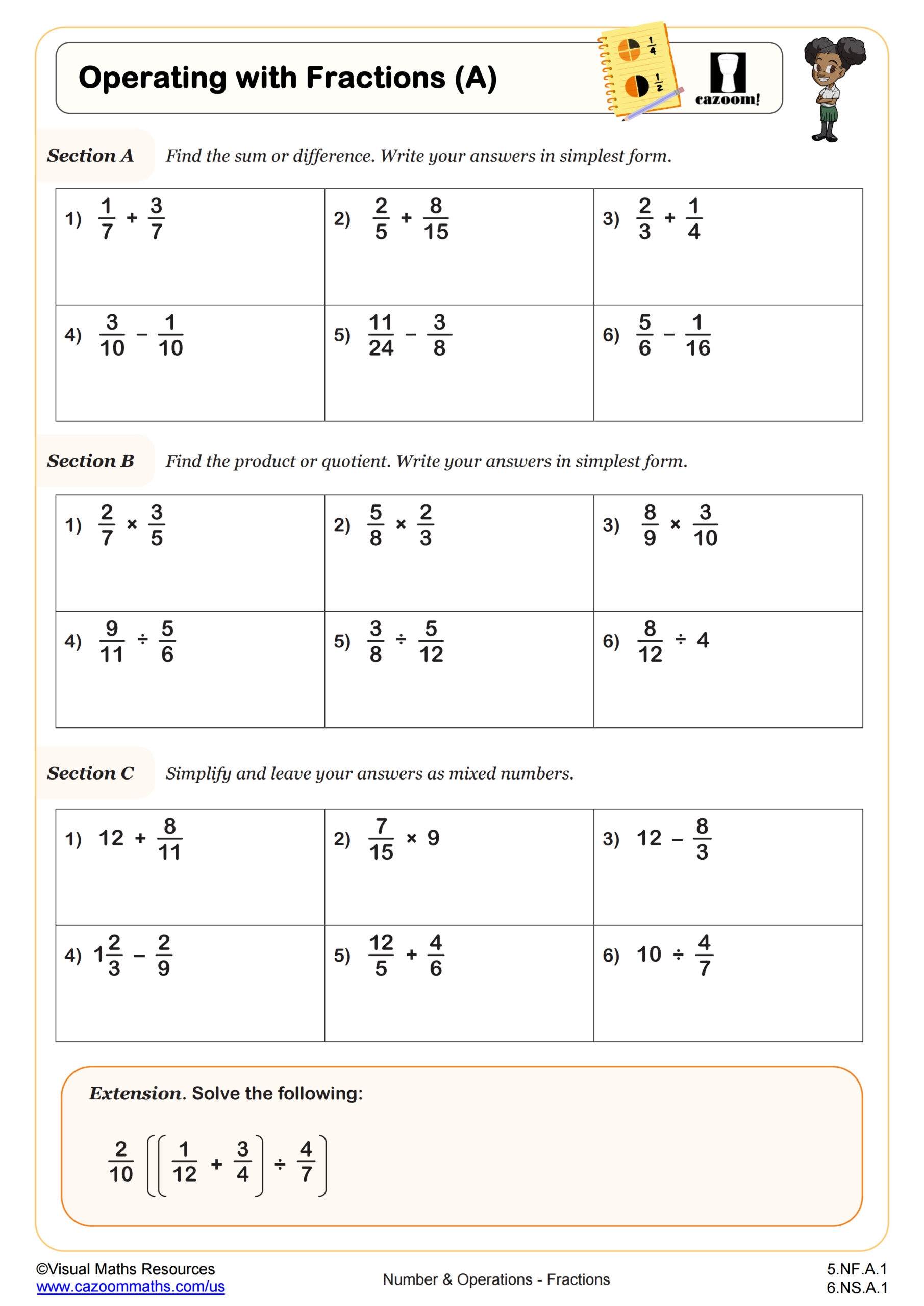 Multiplying Fractions By Fractions Worksheet PDF Printable Number Operations Worksheet Cazoom Math