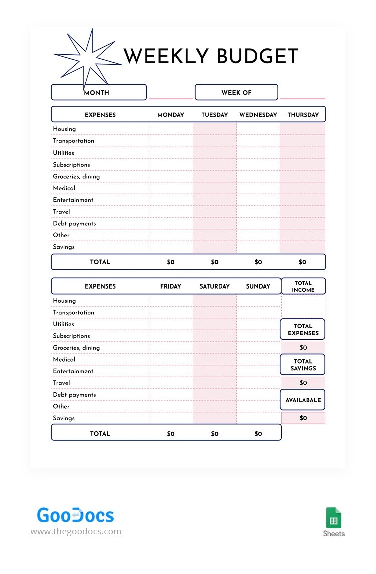 Niedlicher W chentlicher Haushaltsplan Vorlage In Google Sheets And Microsoft Excel Thegoodocs