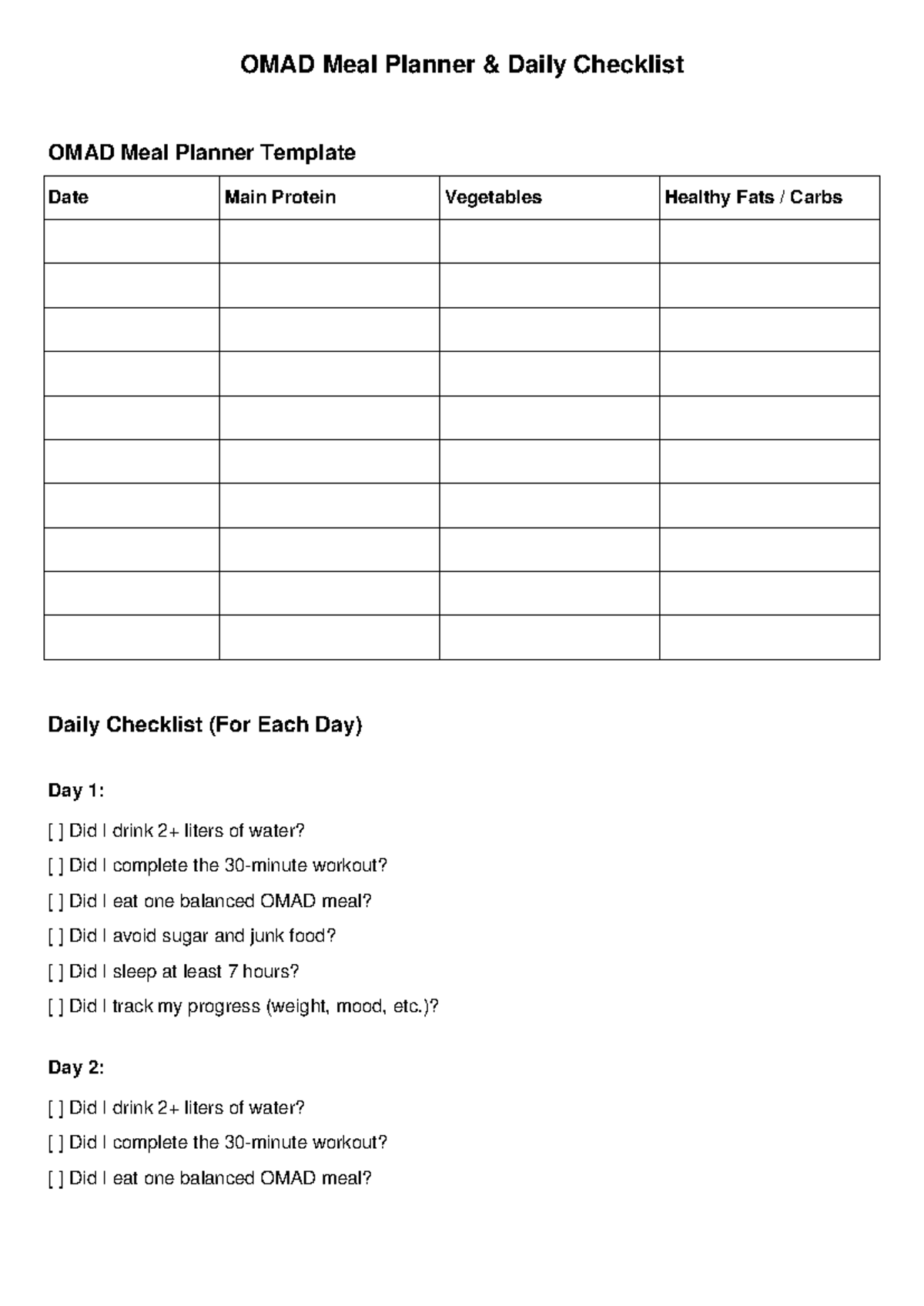 OMAD Meal Planner Daily Checklist Template Studocu