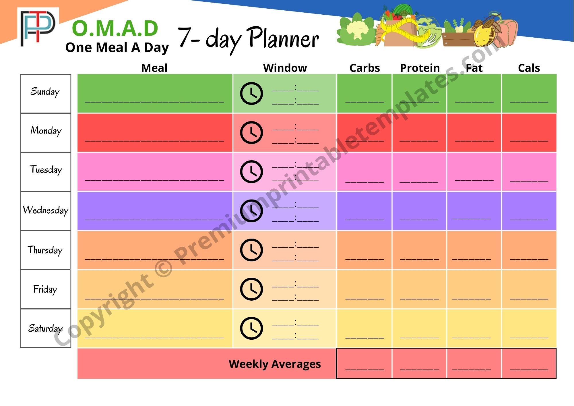 OMAD Planner One Meal A Day Planner 7 day Weekly Calendar Menu