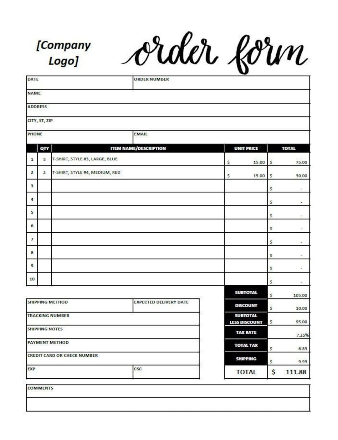 Order Form Template excel Editable Printable Etsy UK