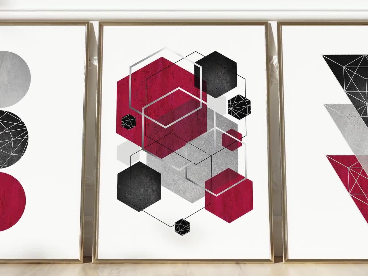 Printable Art Red Black Grey Silver Set Of 3 Digital Download Art Geometric Printable Downloadable Modern Wall Decor Trio Matching Etsy