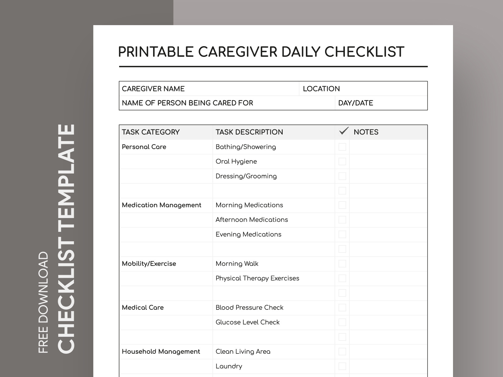 free printable caregiver daily checklist template