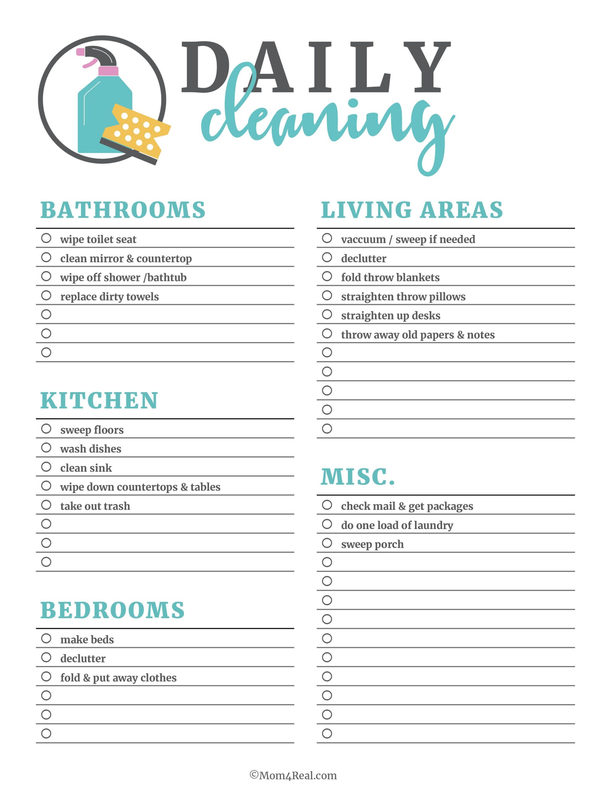Printable Cleaning Checklists Daily Weekly amp Monthly Tasks Worksheets Library
