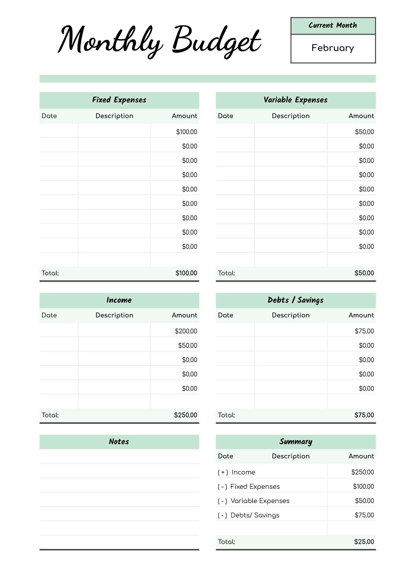 monthly budget template printable