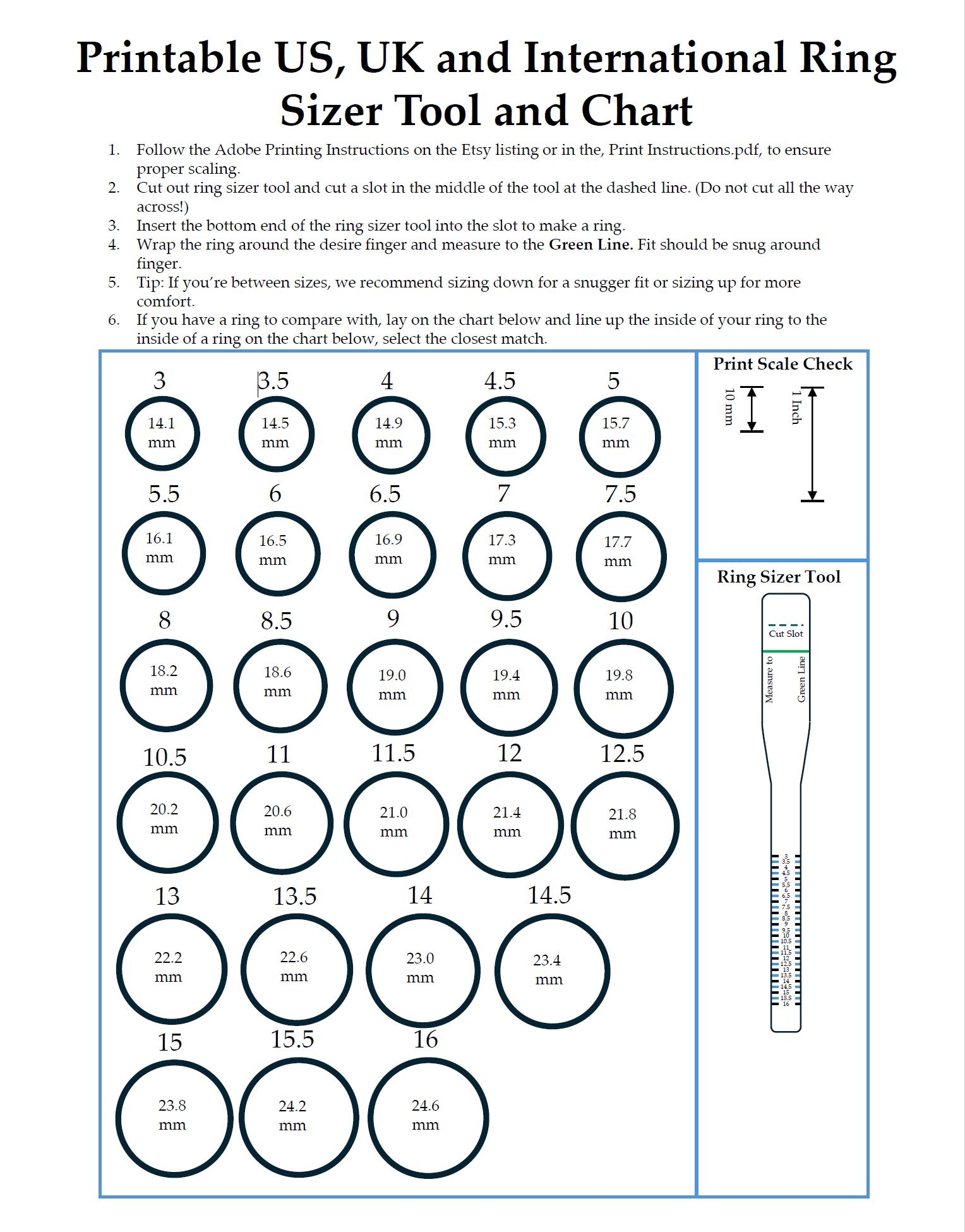 Printable Ring Sizer Tool US UK International Size Chart PDF Download Etsy UK