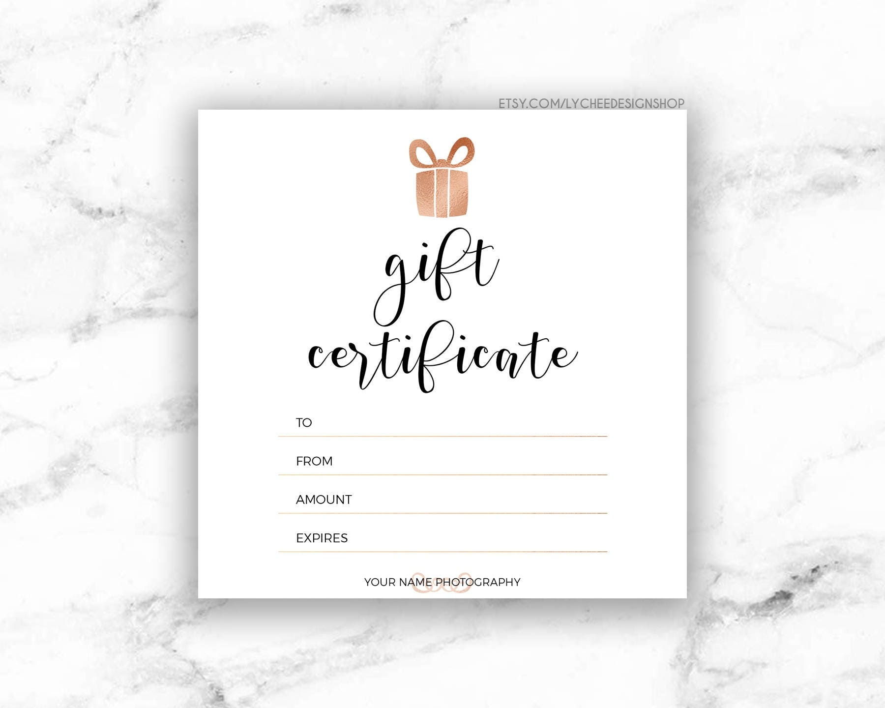 Printable Rose Gold Gift Certificate Template Editable Photography Studio Gift Card Design Photoshop Template PSD INSTANT DOWNLOAD Etsy