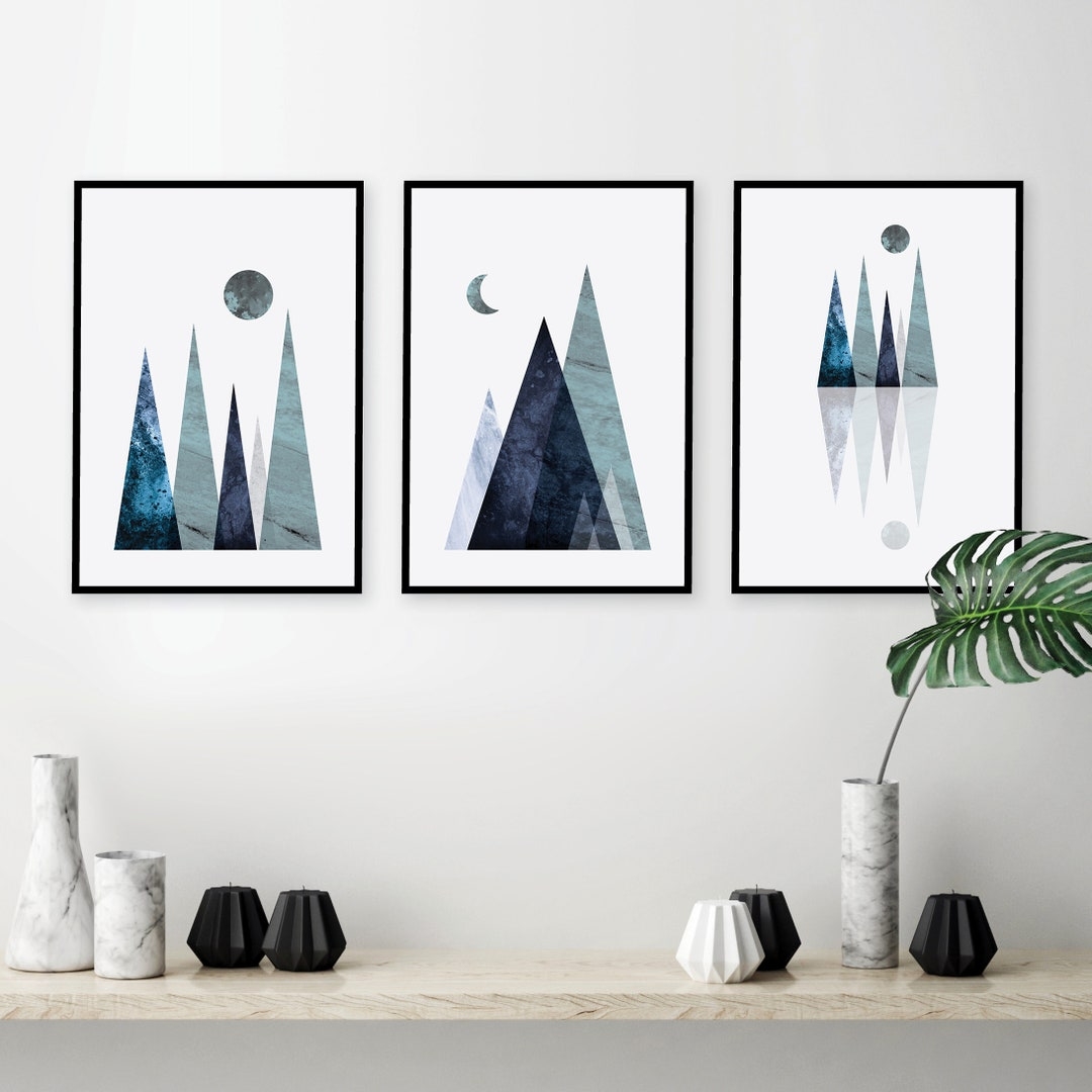 Printable Set Of 3 Nordic Mountains In Navy Blue And Teal Minimalist Mountain Wall Art Decor Scandinavian Trio Of Matching Artwork Full Moon Etsy