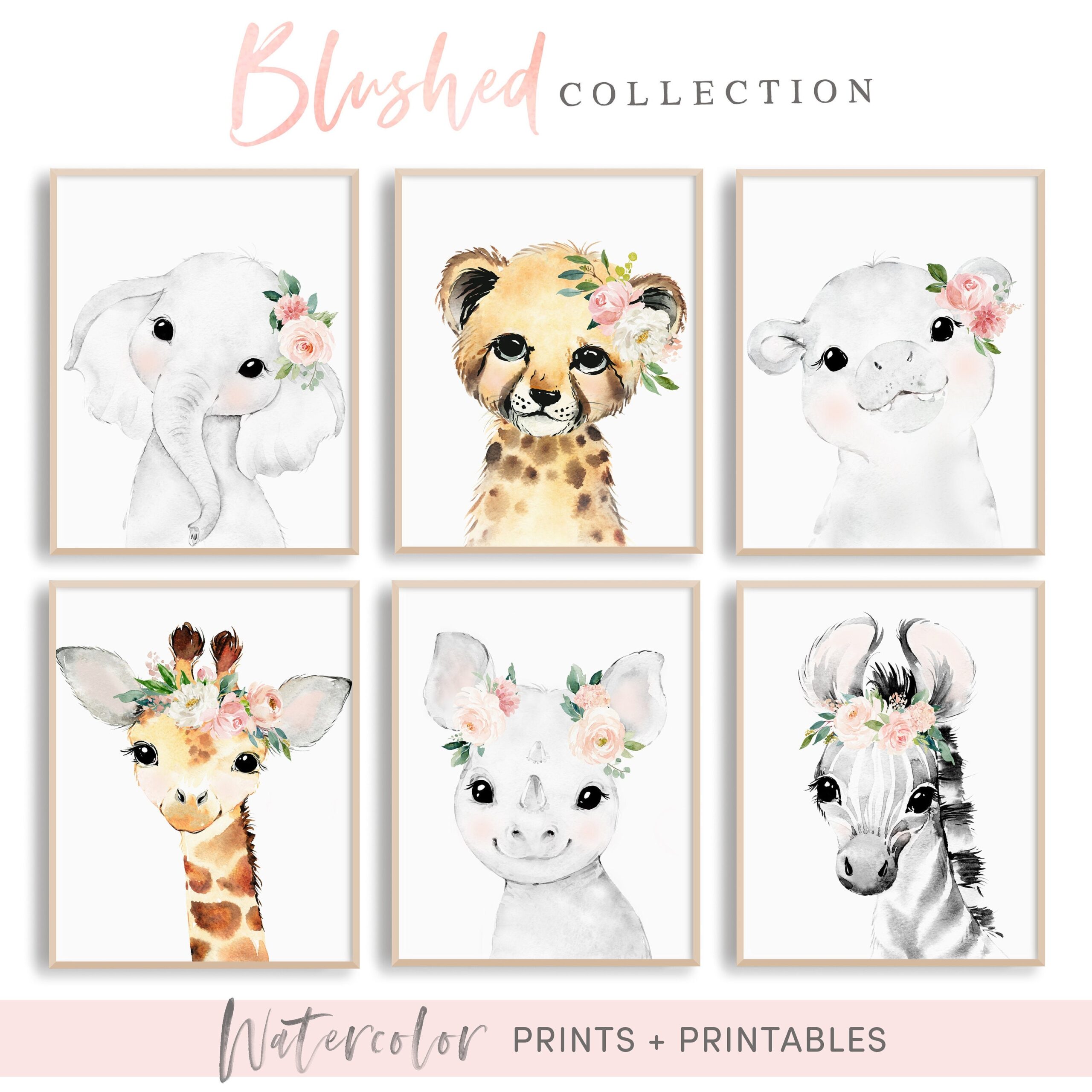 Printable Wall Art Boho Nursery Decor For Baby Girl Baby Animal Paintings With Blush Pink Flowers set Of 6 Nursery Wall Art Printables Etsy Sweden