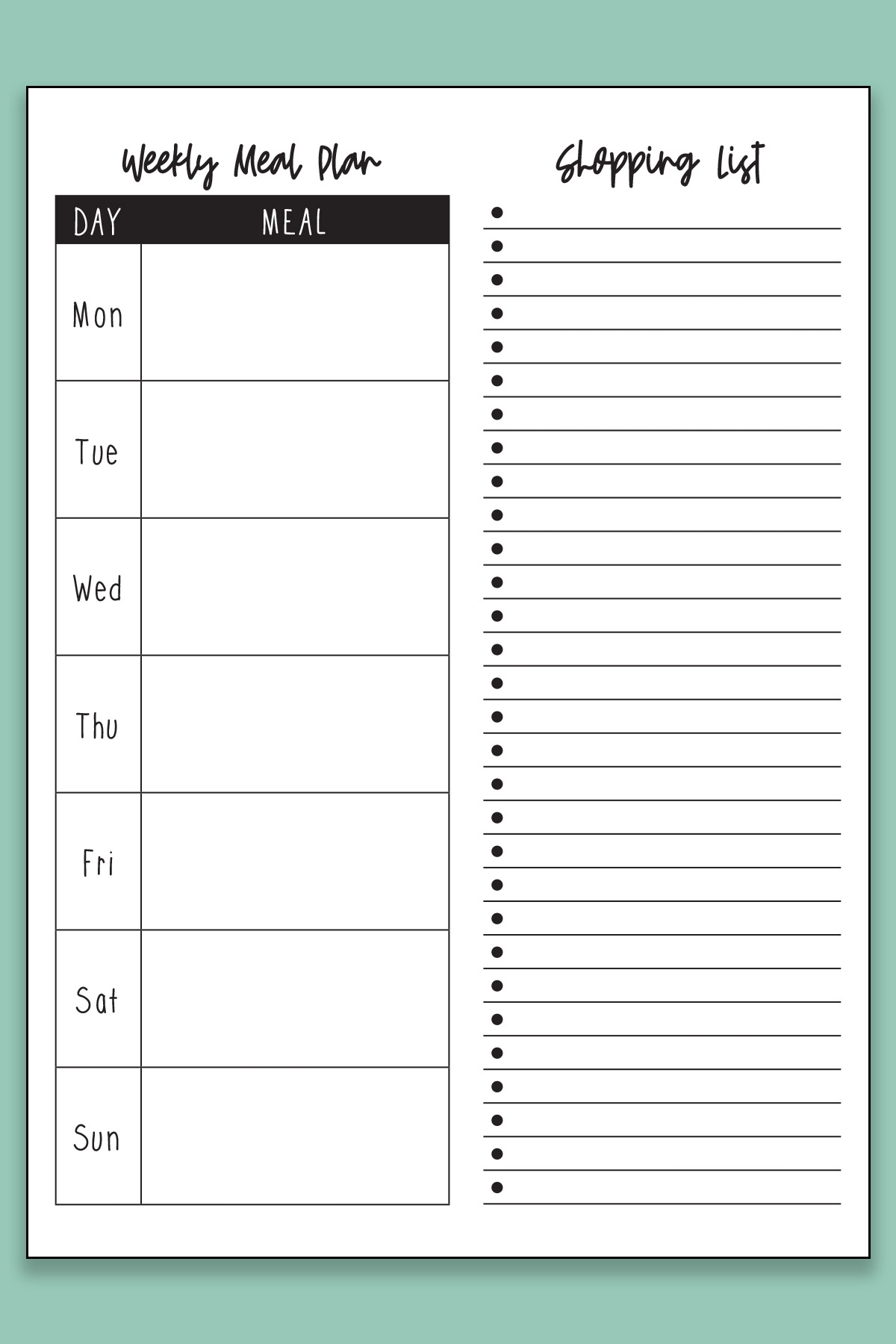 free printable weekly meal planner template