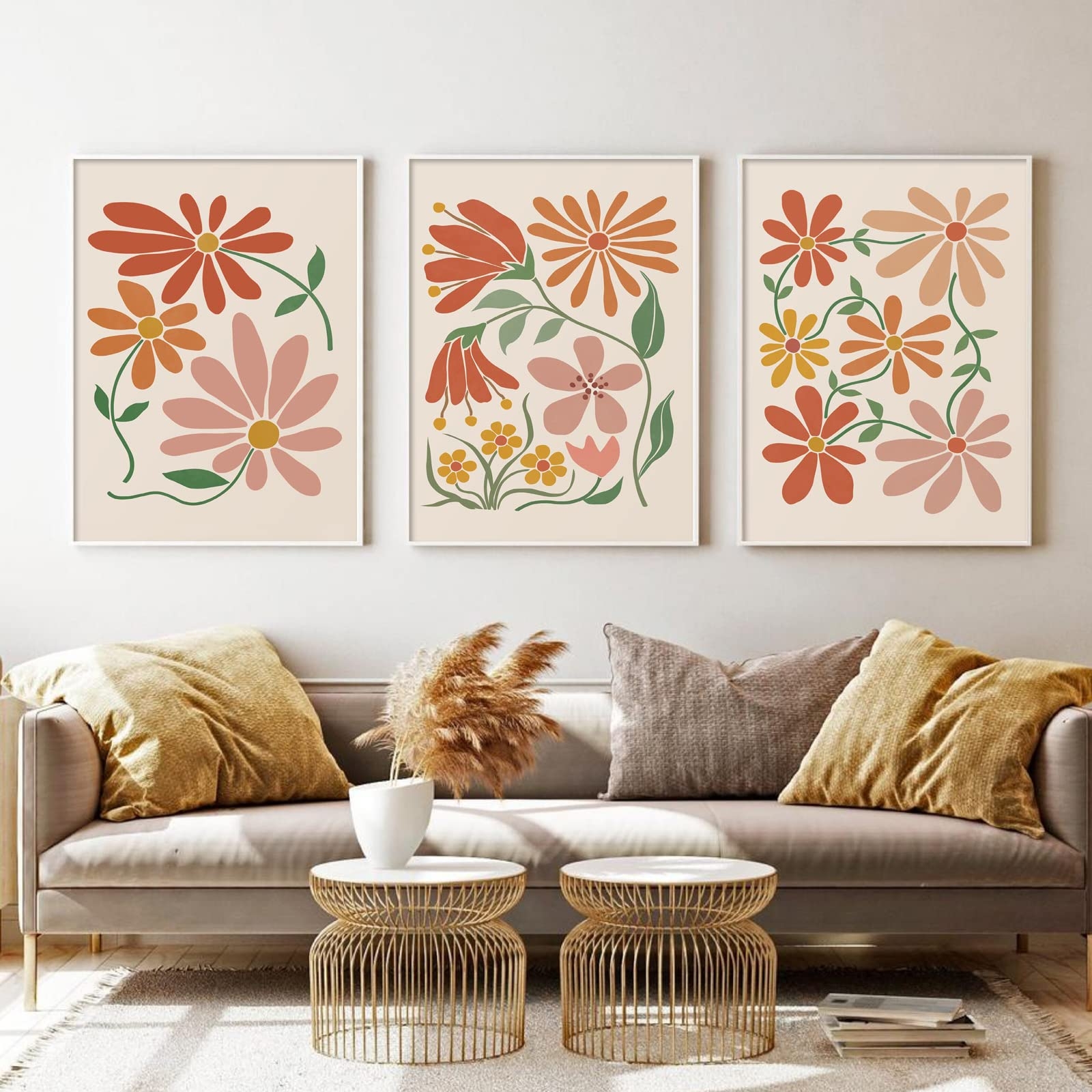 Set Of 3 Flower Wall Art Boho Abstract Floral Print Flower Gallery Wall Set For Living Room Decoration Terracotta Art Print Minimalist Flower Wall Art 40 6x61cm No Frame Amazon de Home 