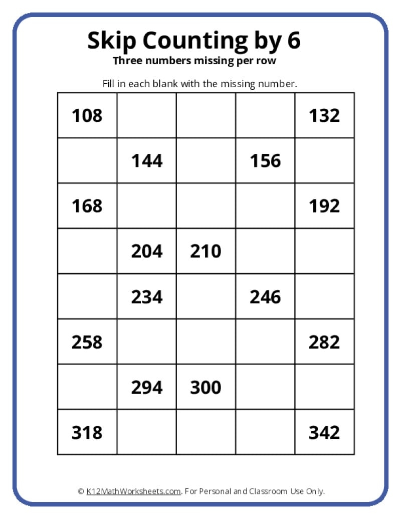 Skip Counting By 6 K12 Math Worksheets