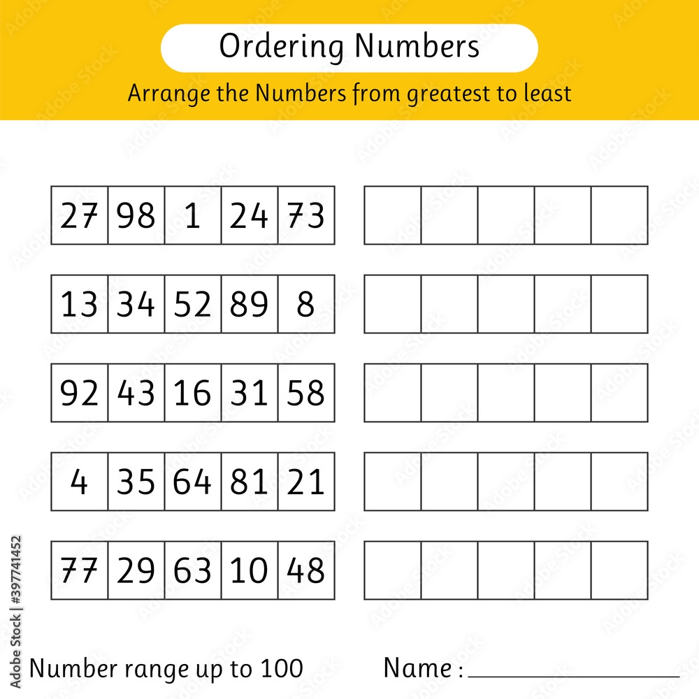 Stock Vektorgrafik Ordering Numbers Worksheet Arrange The Numbers From Greatest To Least Math Number Range Up To 100 Adobe Stock