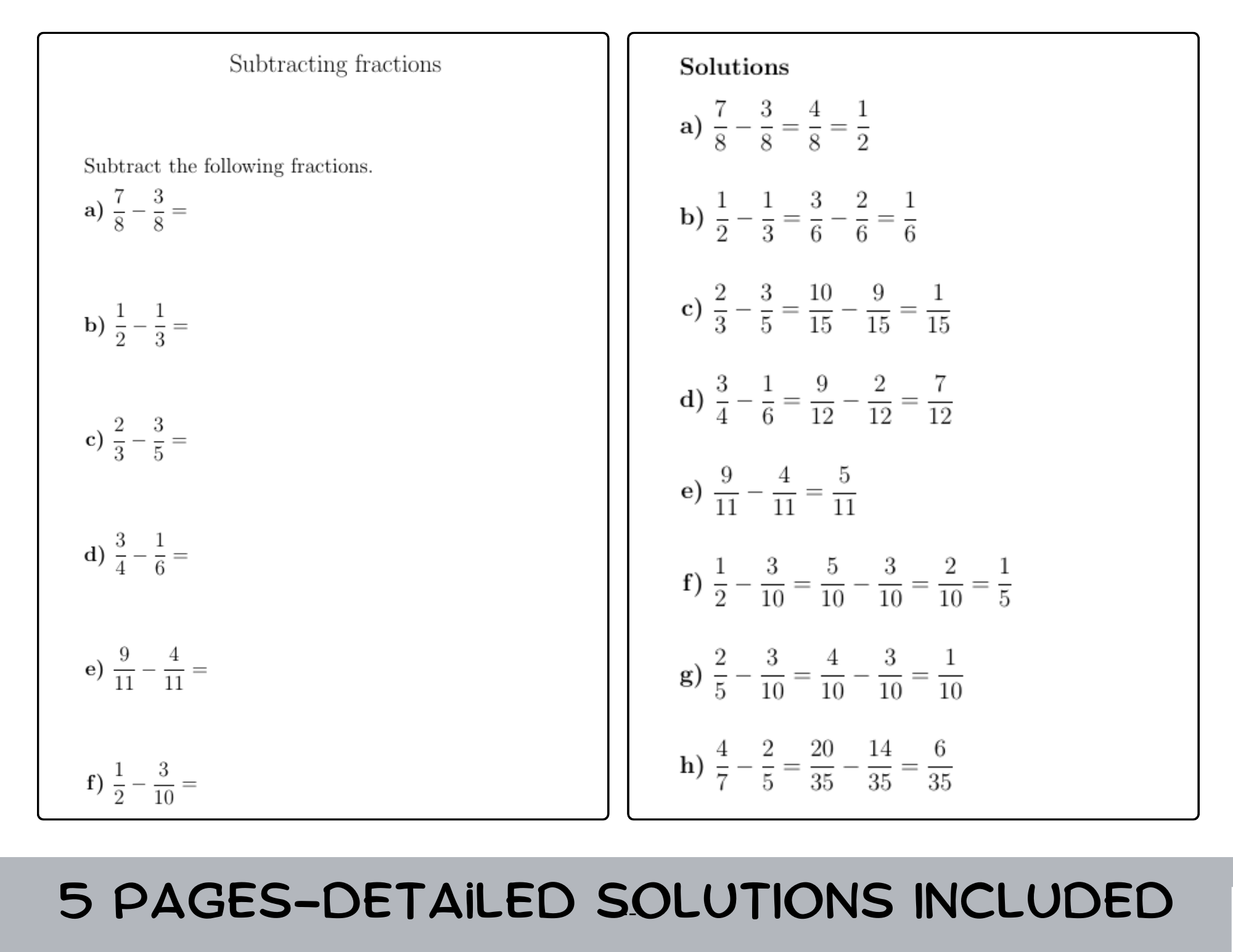 Subtracting Fractions Worksheet with Solutions Teaching Resources