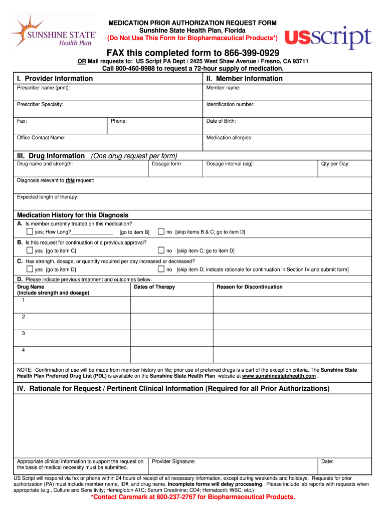 Sunshine State Health Plan Medication Prior Form Fill Online Printable Fillable Blank PdfFiller