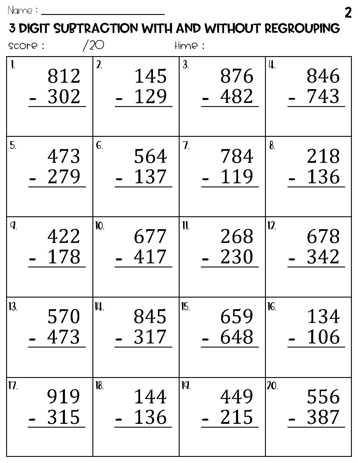 three digit subtraction with regrouping
