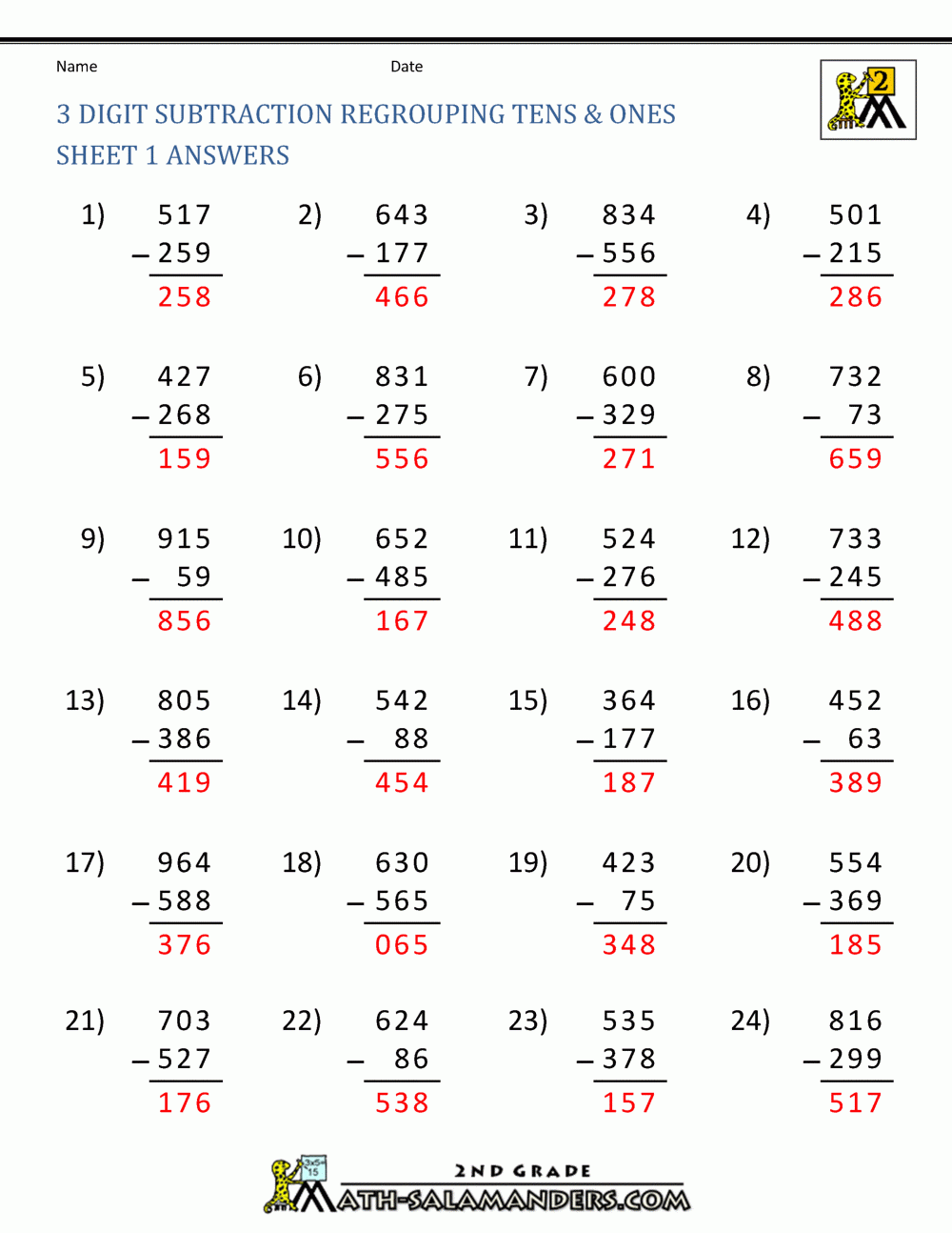 Three Digit Subtraction With Regrouping Worksheets