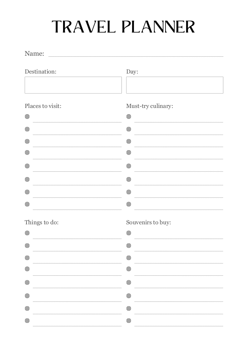 trip planner printable