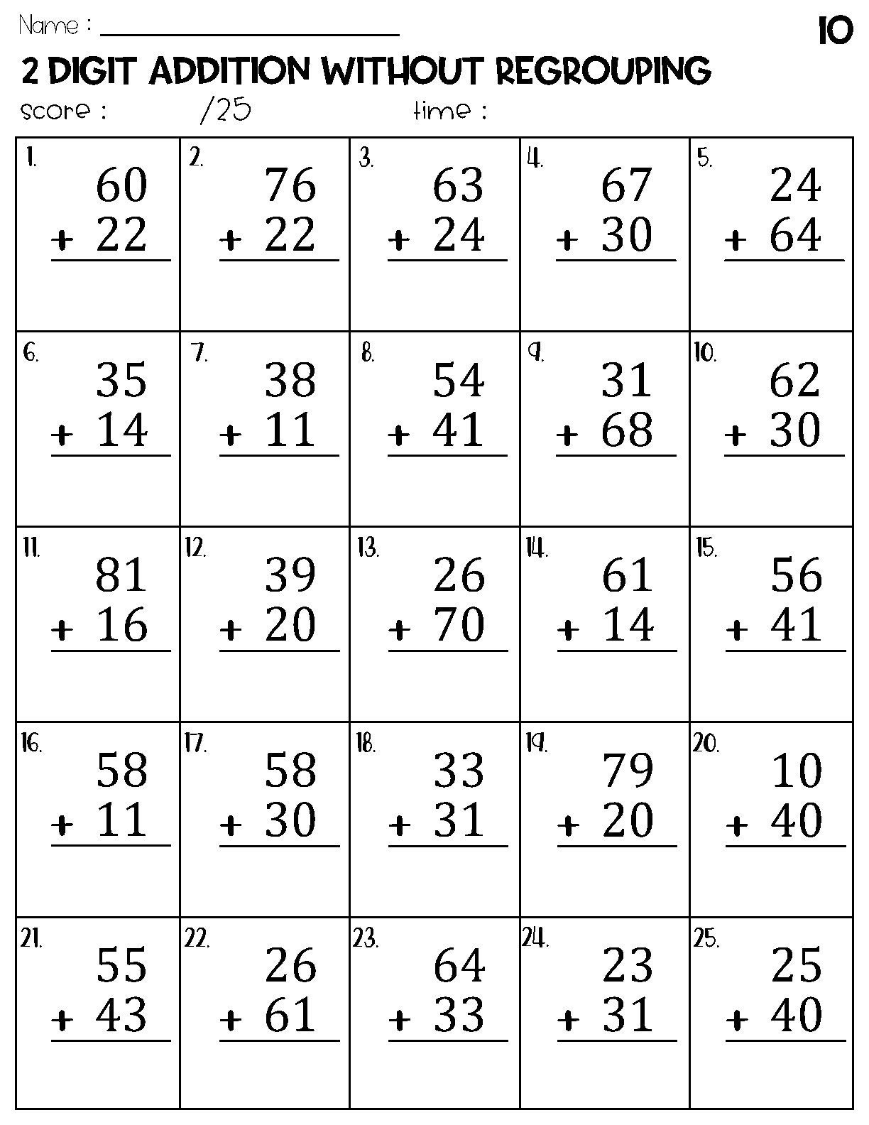 Two Digit Addition Without Regrouping Worksheets Etsy