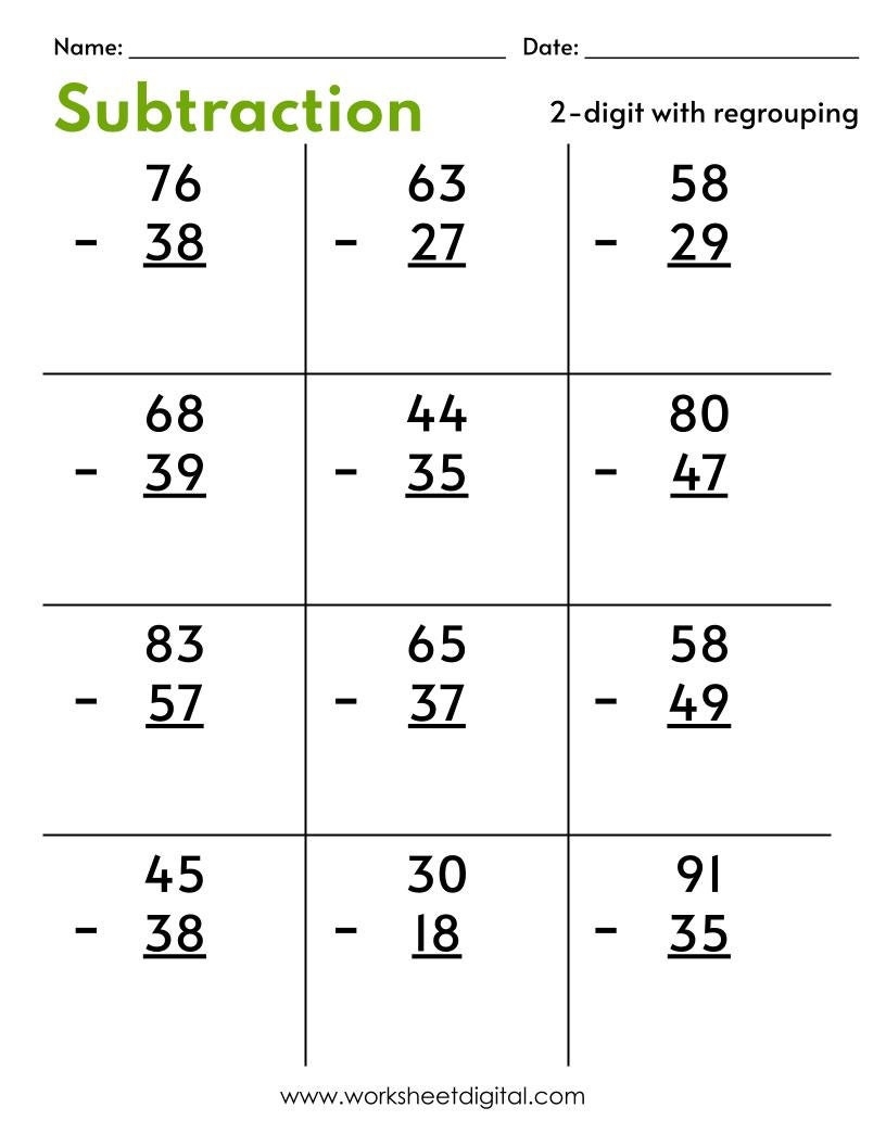 Two Digit Subtraction Worksheets With Regrouping PDF Etsy Canada