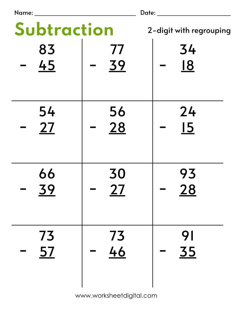 Two Digit Subtraction Worksheets With Regrouping PDF Etsy UK