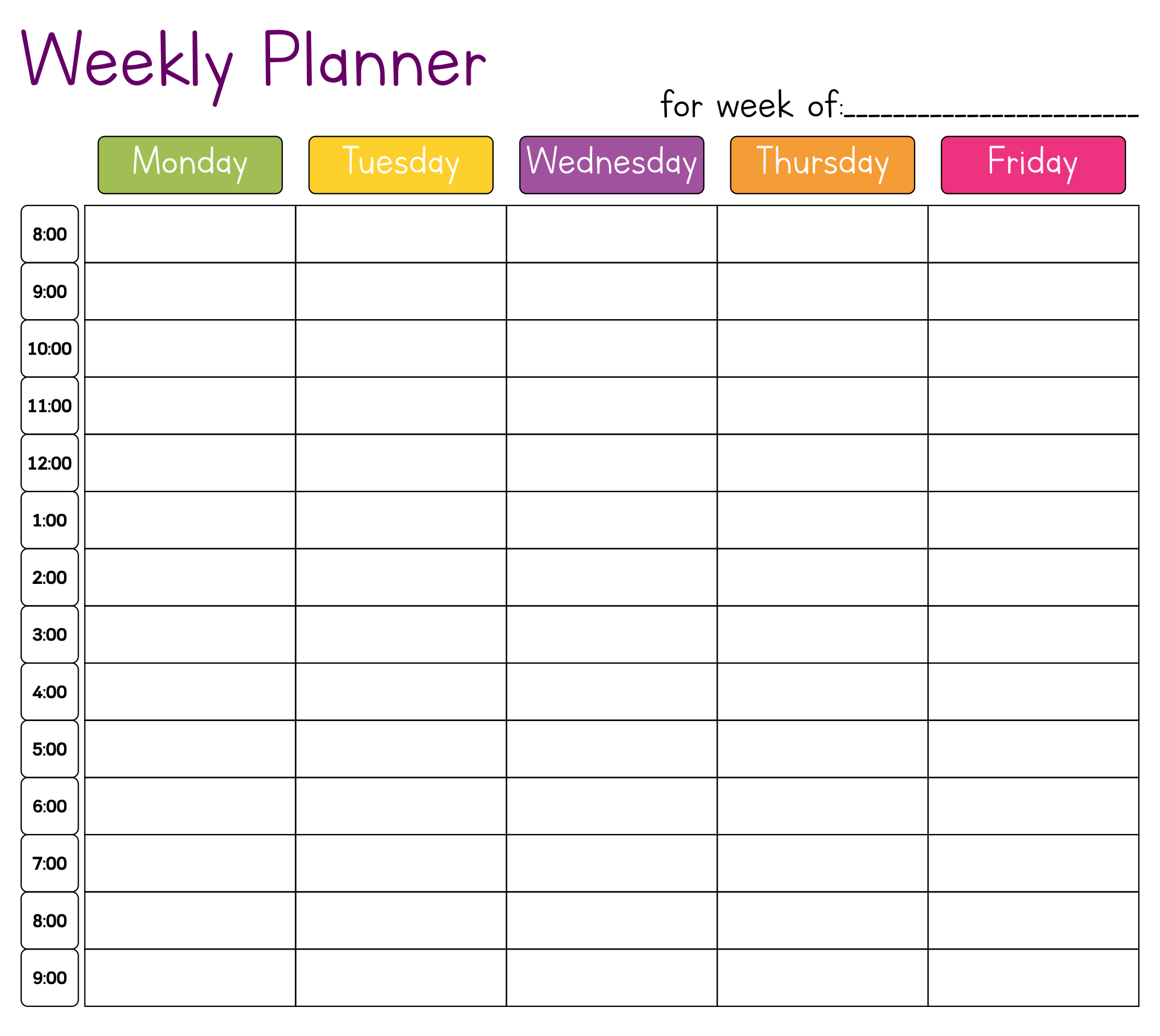 Weekly Hourly Calendar Printable