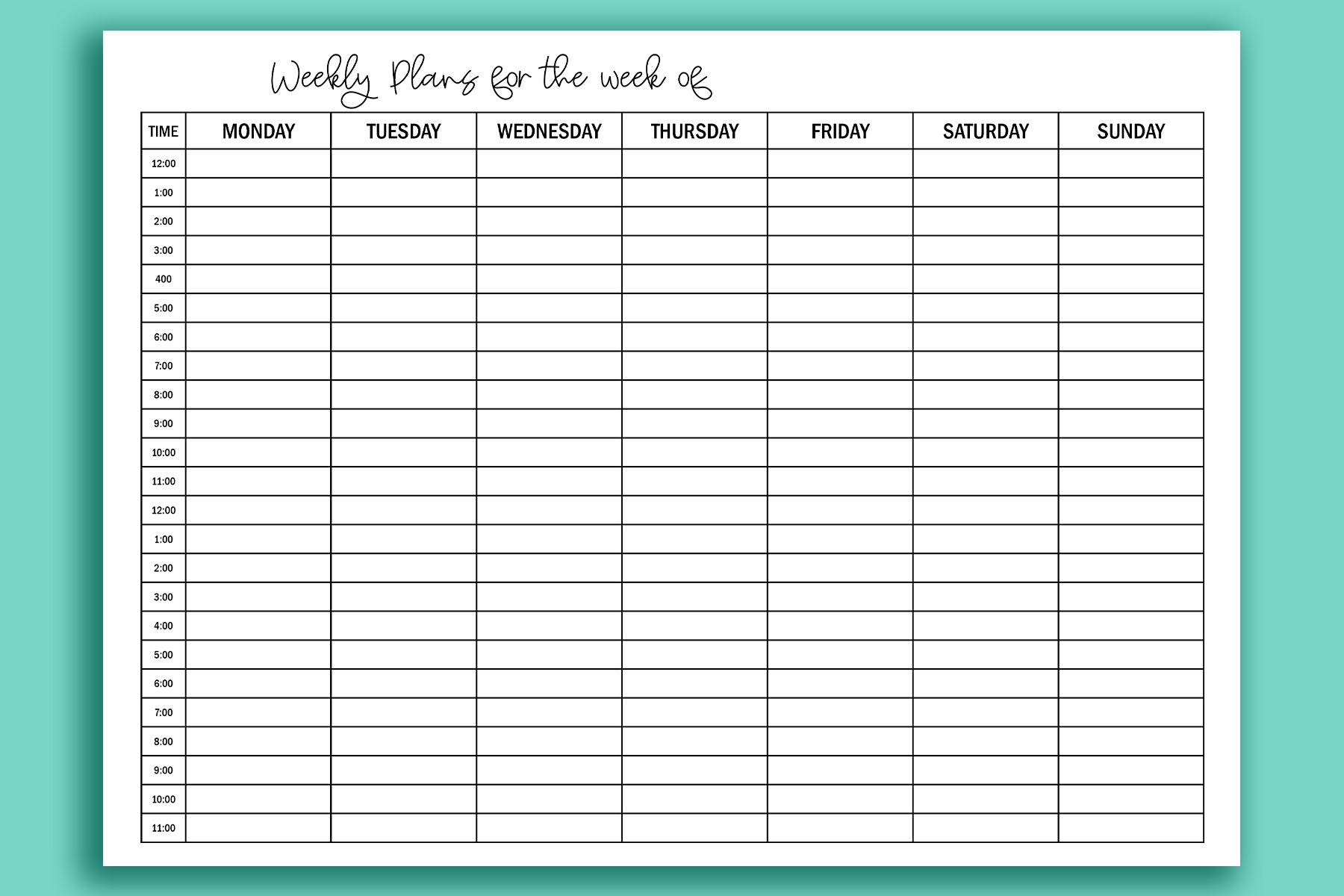 free printable hourly planner