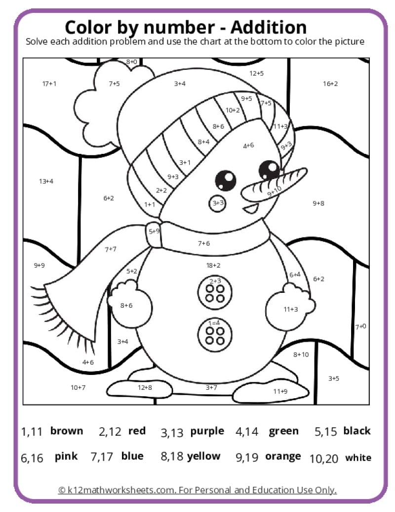 color number math worksheets