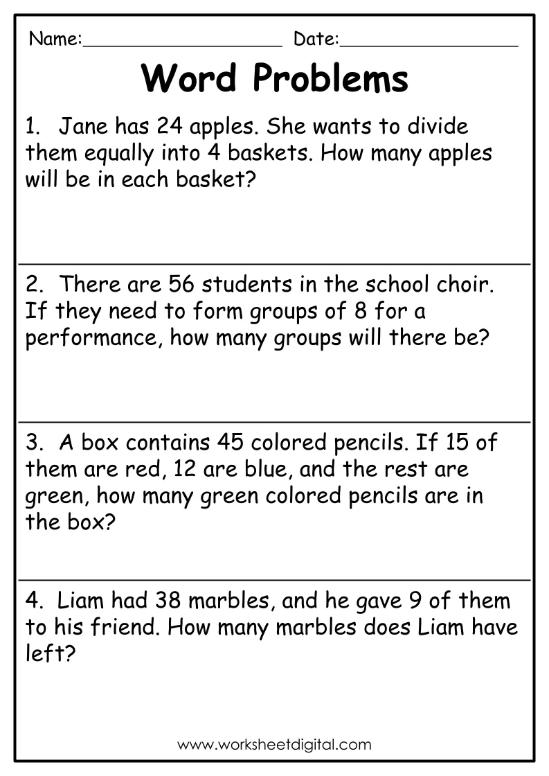 Word Problems Grade 2 Worksheet Digital Worksheets Library