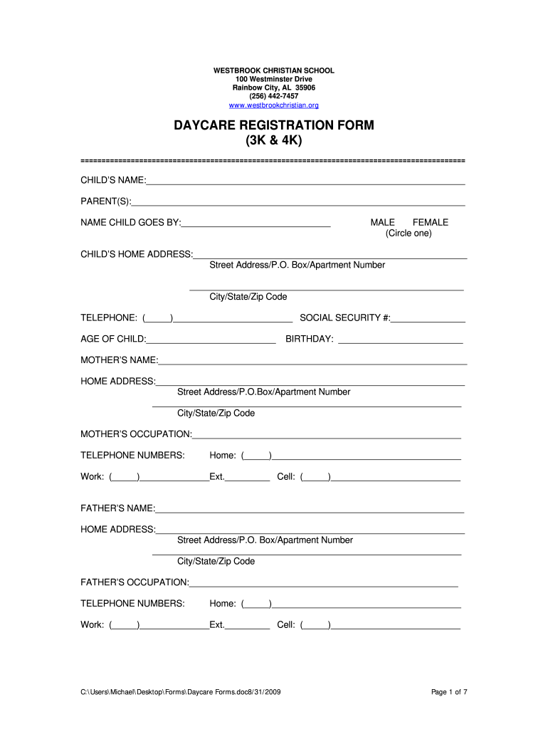2009 2026 AL Westbrook Christian School Daycare Registration Form Blank Fillable Template Fill Out Print Download PDF PdfFiller