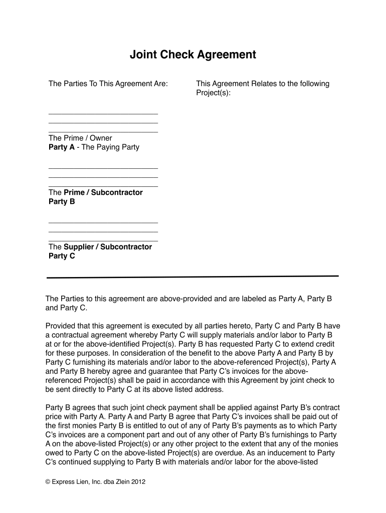 2012 2026 Form Zlien Joint Check Agreement Blank Fillable Template Fill Out Print Download PDF PdfFiller